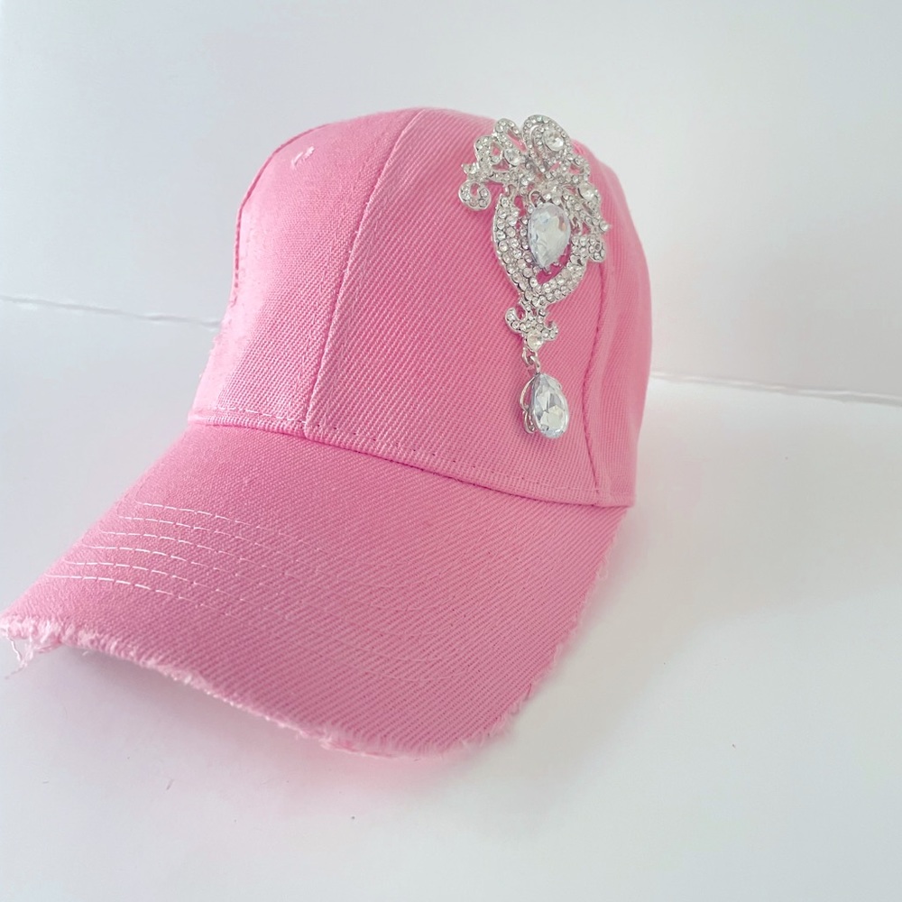 Distressed Pink hat with large rhinestone brooch